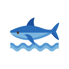 Blue cartoon shark swimming above cartoon wavy water