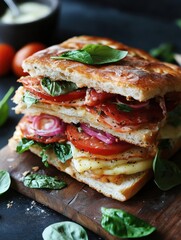 Delicious layered sandwich with fresh vegetables and herbs on a wooden serving board