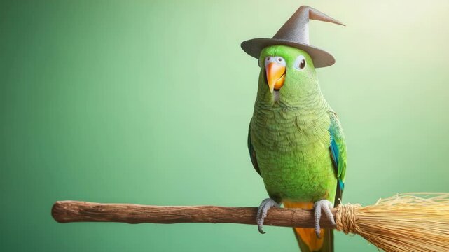 Colorful parrot wearing a hat perched on a broomstick.