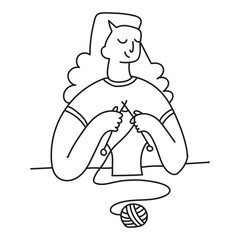 Knitting girl with knitting needles doodle illustration. Emblem with character for knitting club. Hobby logo in funny doodle style.