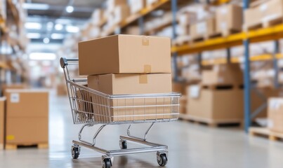 Shopping cart filled with cardboard boxes in a bright warehouse environment showcasing storage and logistics for retail and distribution tasks and operations