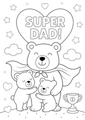 super dad coloring page in A4 size, cartoon bear dad and cubs. You can print it on standard A4 paper at 300 dpi for high-quality printing.	