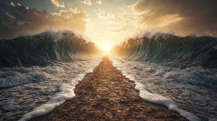 A dramatic scene depicting the parting of the sea, with giant waves separating to form a canal. Bright hopeful light shines at the end of the passage, symbolizing the biblical miracle of Moses parting