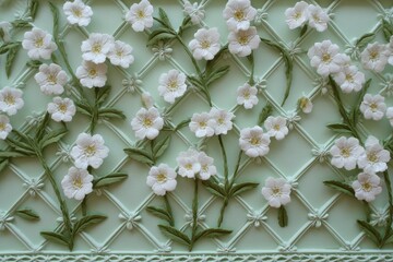 Decorative floral design on a mint-green background.