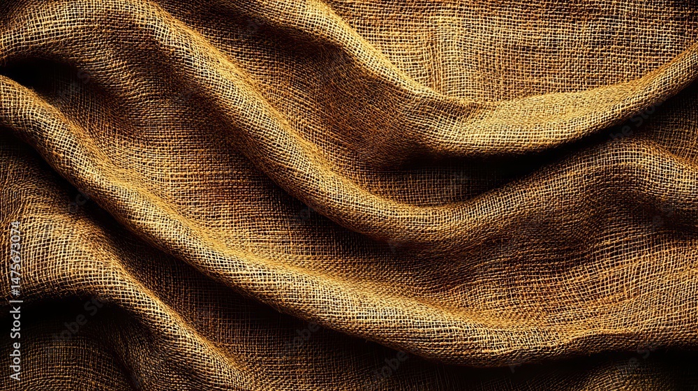 Poster close up of draped brown burlap fabric with visible weave and texture creating a wavy pattern