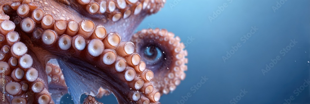 Poster detail of octopus tentacle with suction cups over a blue gradient background showcasing intricate te