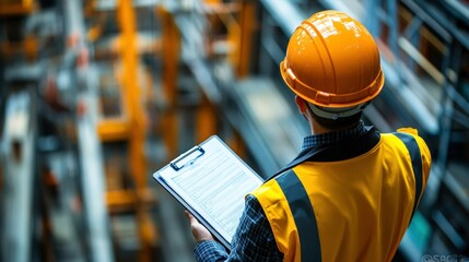 Construction Worker in Safety Gear Inspecting Warehouse Inventory with Clipboard and Hard Hat while Standing in Rack Storage Area