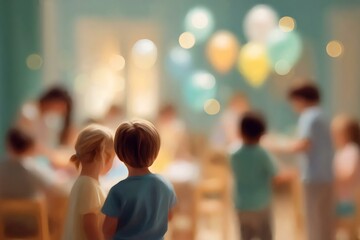 Children Watching Birthday Party with Colorful Balloons in Background