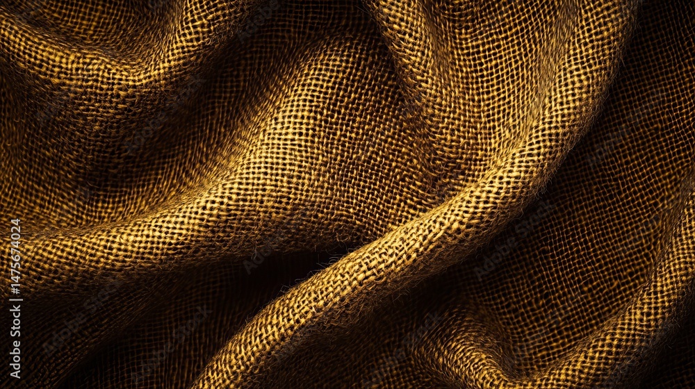 Poster close up shot of wrinkled brown burlap fabric with visible texture and intricate weaving pattern det