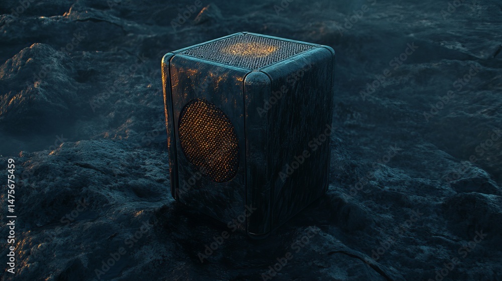 Poster a futuristic cube with glowing mesh details sitting on a dark textured surface in a moody setting