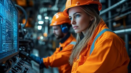 Factory workers in orange PPE, examining machinery data on a monitor in an industrial environment