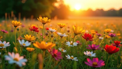 Obraz premium Golden hour sunlight illuminates a field of wildflowers Vibrant colors, peaceful landscape , bloom, beauty