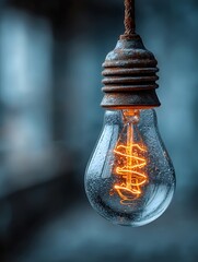 A single light bulb floating with a soft glow symbolizing ideas and innovation on an abstract blue background