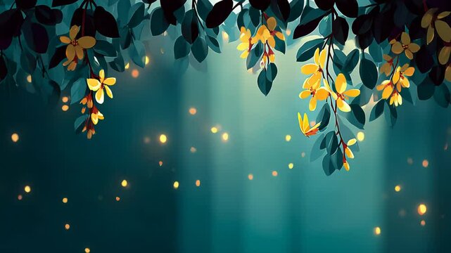Forest night scene with flowers and fireflies