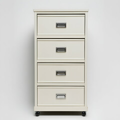 Four-drawer dresser on wheels, white, studio. Organization, storage