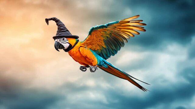Colorful parrot wearing a witch hat flying through the sky.