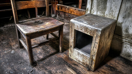 Abandoned classroom, old wooden chair and box, dusty floor, historical building