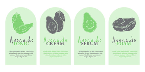 Avocado labels set in linocut style. Banners Design template collection. Cosmetics ingredient. Hand drawn ink sketch plant from package design. Ecology concept. Vector illustration.