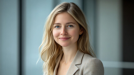 Woman's Serene Portrait: Blonde Hair, Soft Light, Professional Style