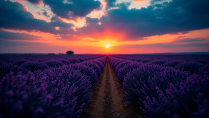 Fototapeta premium Velvet Purple Lavender Field Under Dramatic Sunset, Ethereal Light