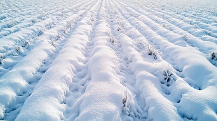 Fototapeta premium Snowy agricultural fields with rows of crops.