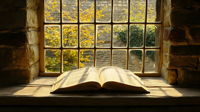 Open book on windowsill, autumn leaves outside, stone wall background; reading, learning