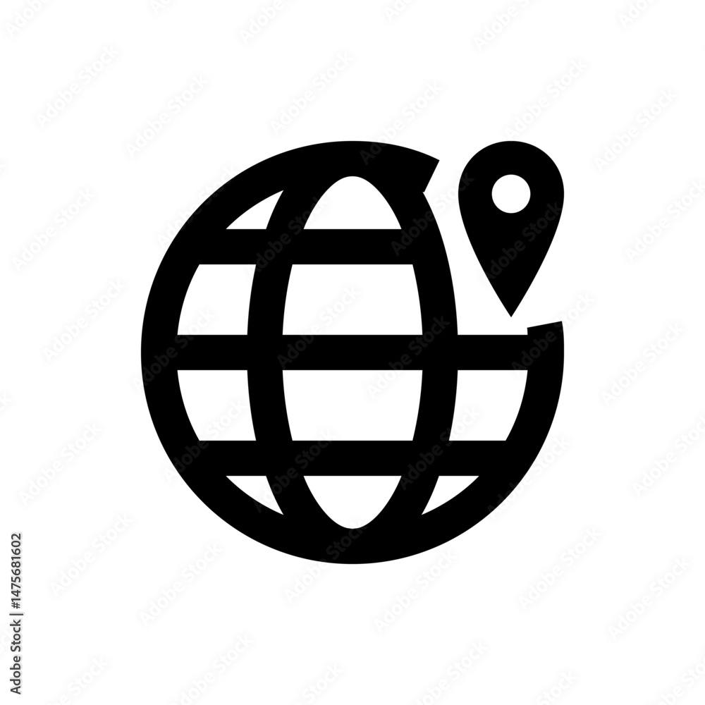 Poster black and white globe with latitude and longitude lines and a location pin marking a specific spot o