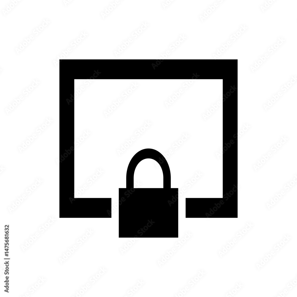 Poster illustration of a locked padlock icon positioned in front of a screen shaped rectangle frame image