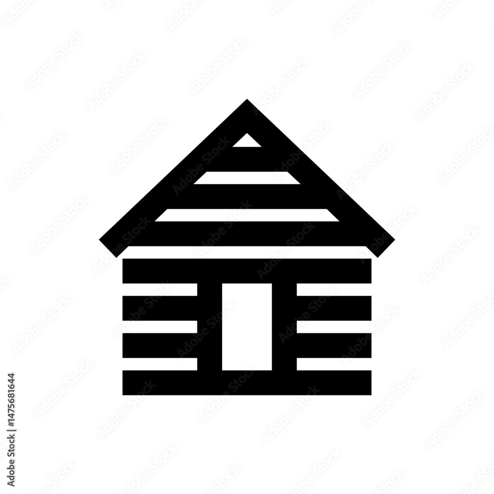 Poster stylized house icon with a triangular roof and horizontal lines forming the walls in black and white