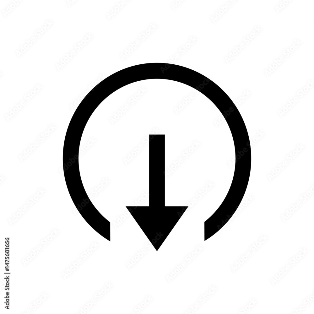 Poster black downward arrow inside a partial circle suggesting downloading or data transfer symbol icon art