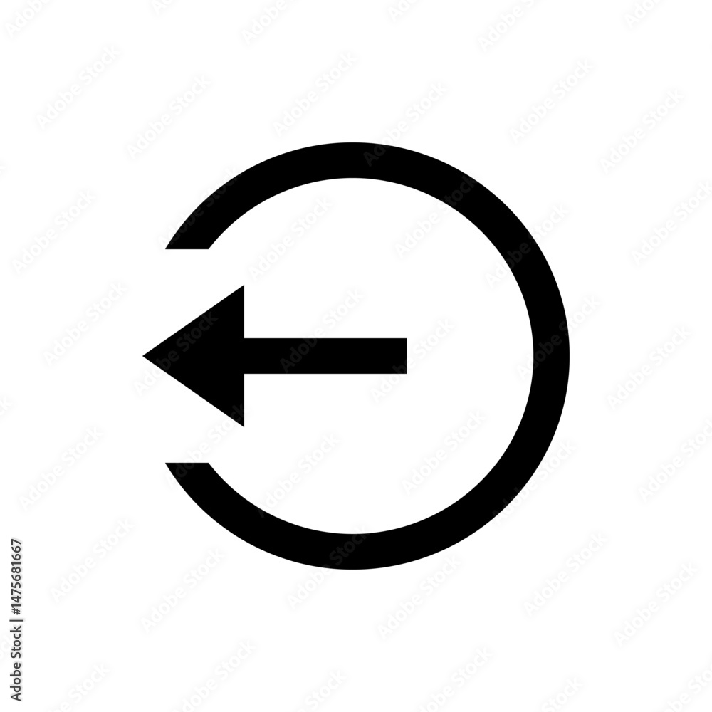 Poster black arrow pointing left within a broken circle, suggesting a back or return action, isolated on wh