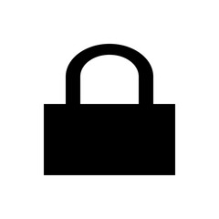 Illustration of a solid black padlock with a rounded shackle on a white background security concept