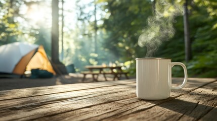Steaming Coffee Mug on Wooden Table in Tranquil Forest Camp Setting with Tent and Sunlight Filtering Through Trees