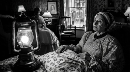 Black and White Portrait of a Woman with an Oil Lamp in Vintage Setting