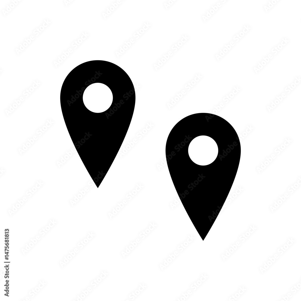 Poster two black map marker icons with white circles indicating location points on a white background image