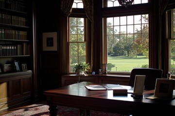 Elegant Home Office with Dark Wood Desk and Large Window