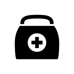 A black first aid kit bag with a white cross in a circle in the center and a black handle on the top side