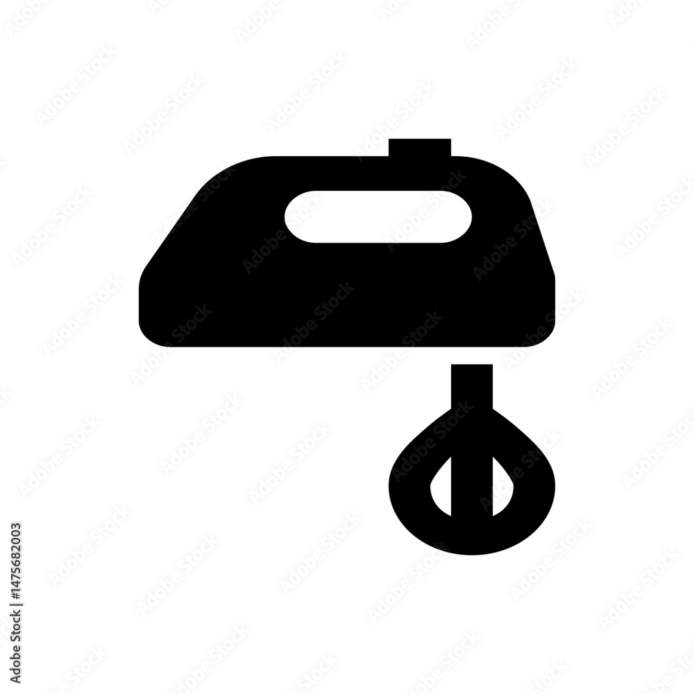 Poster illustration of a black hand mixer with a handle and beater attachment on a white background view fr