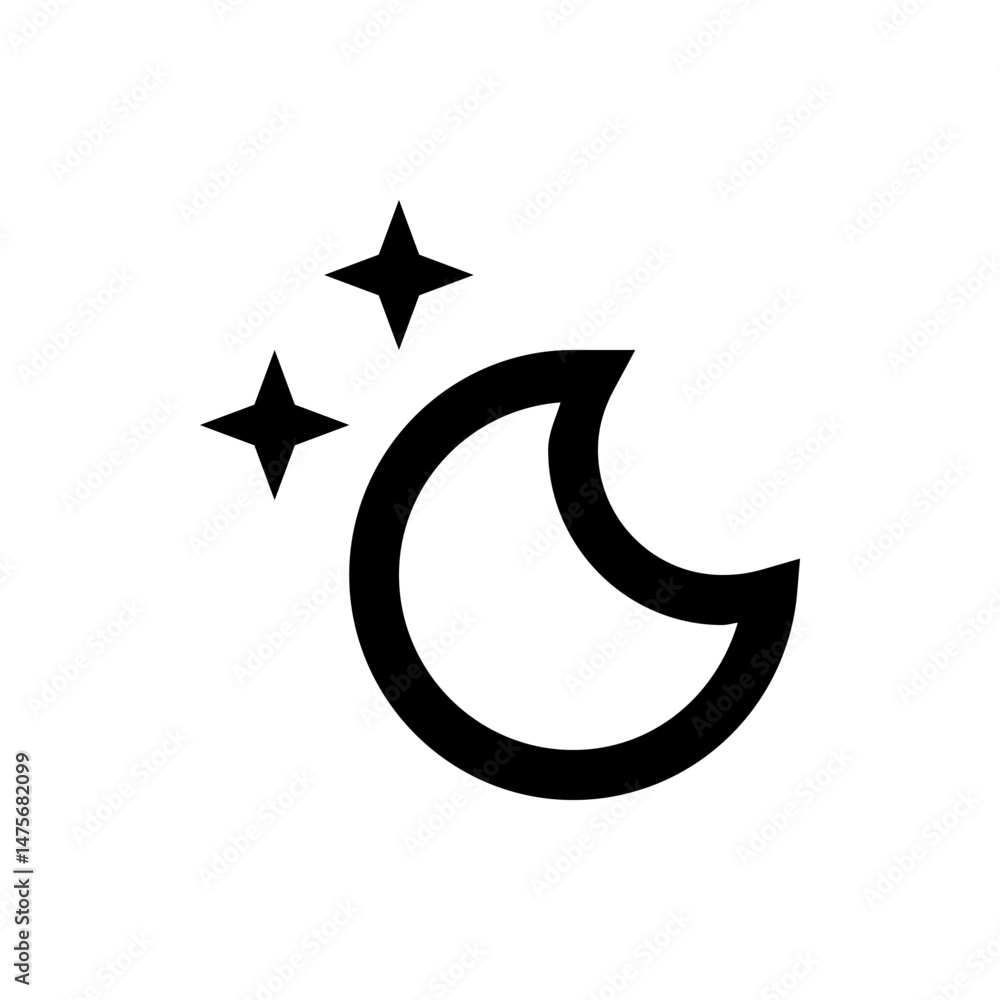 Poster illustration of a crescent moon shape with two stars next to it in a simple black and white design s