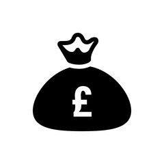 Illustration of a black money bag with a white pound symbol in the center on a white background view