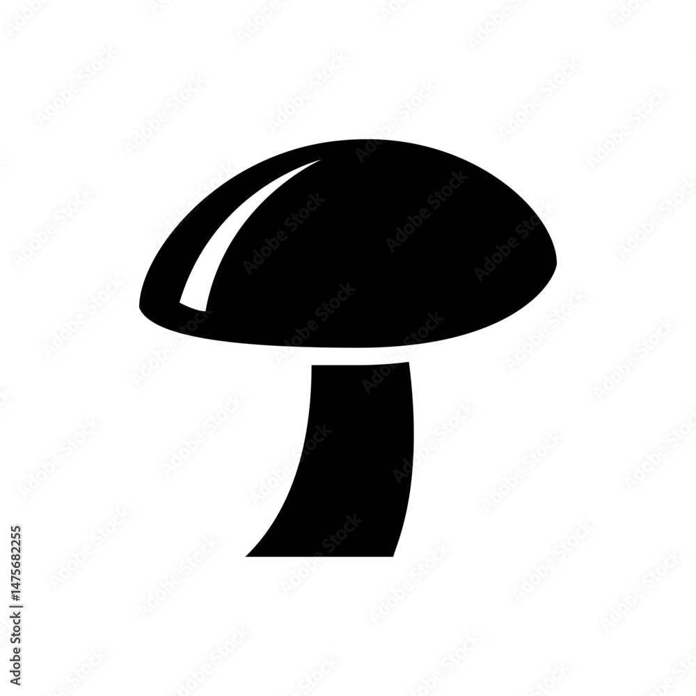 Poster illustration of a single black mushroom with a rounded cap and curved stem on a white background ima