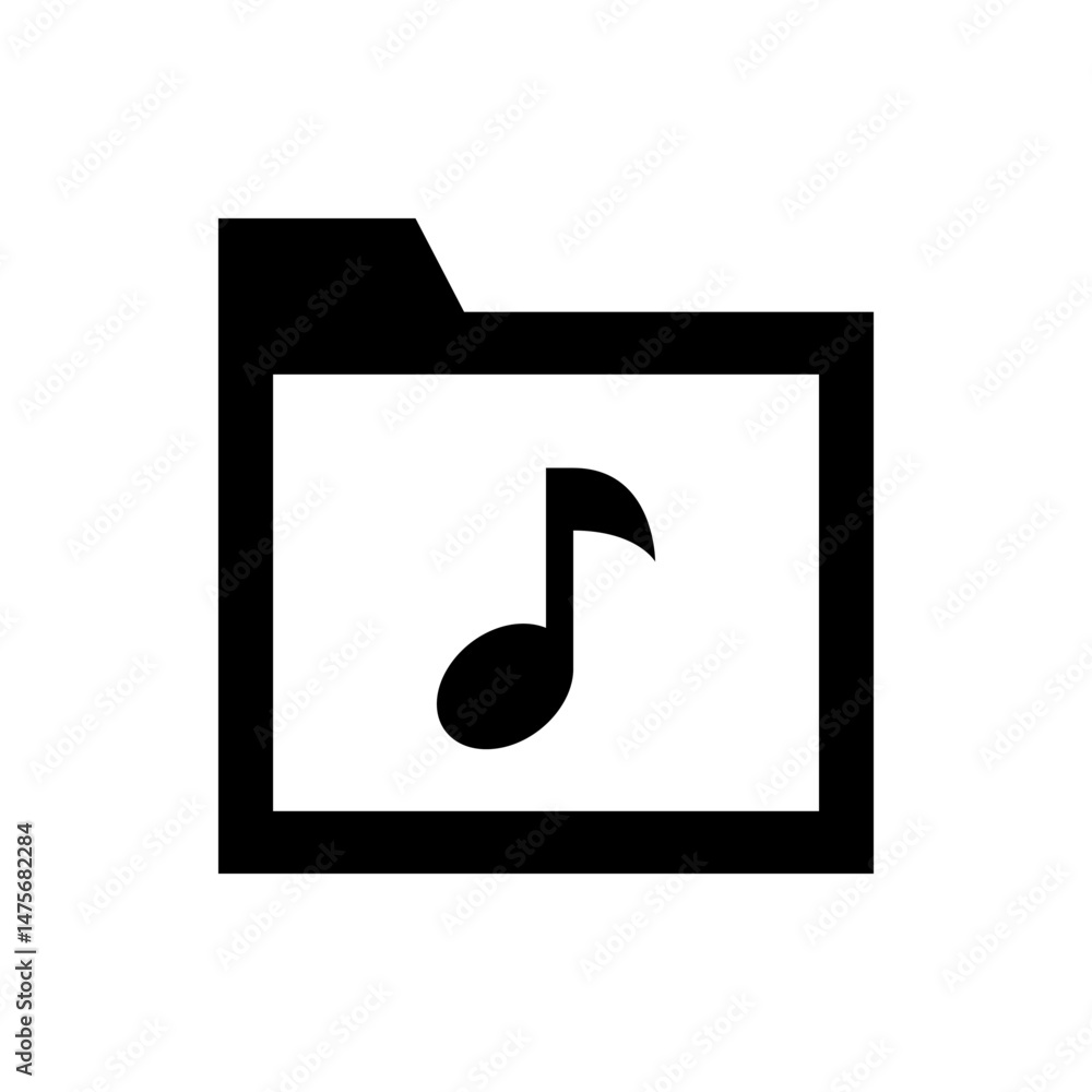 Poster black and white music folder icon with a single eighth note inside representing audio files storage 