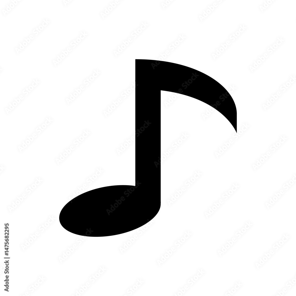 Poster illustration of a single eighth note with a filled head and flag on a white background in simple sty