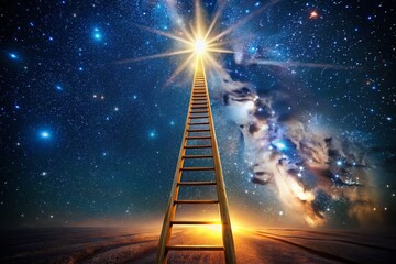 Aerial Drone Shot: Glowing Ladder Reaching a Bright Star - Breakthrough Concept