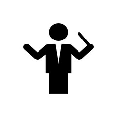 Illustration of a conductor figure with baton in hand and arms outstretched in a conducting gesture style