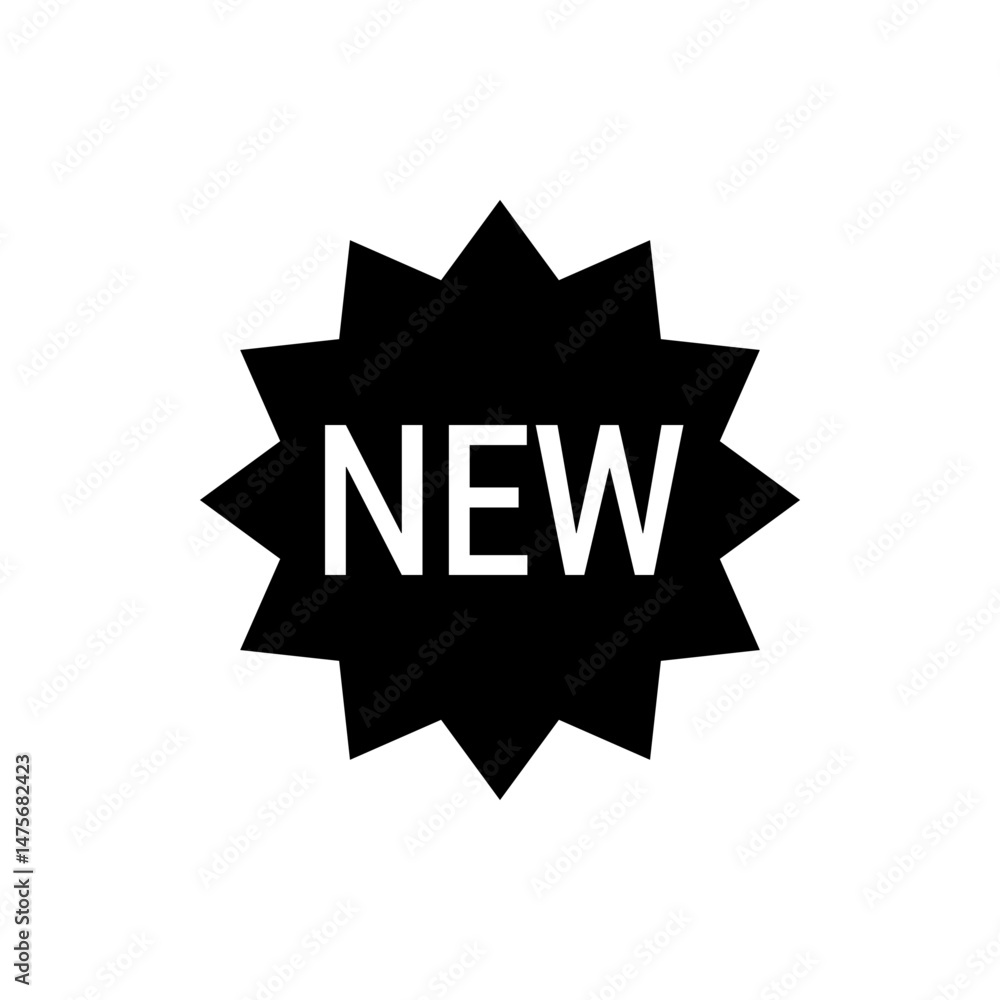 Aufkleber black starburst shape with pointed edges containing the word new in white capital letters centered i