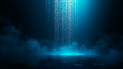 Fototapeta premium Digital Rain of Glyphs and Code Against Inky Darkness, Serene Technology