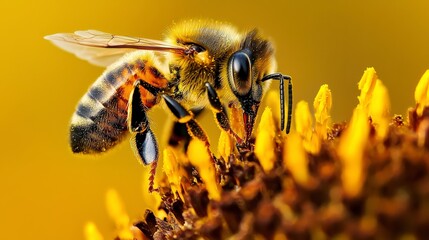 Honeybee Collecting Pollen from Wildflower with Blurred Background