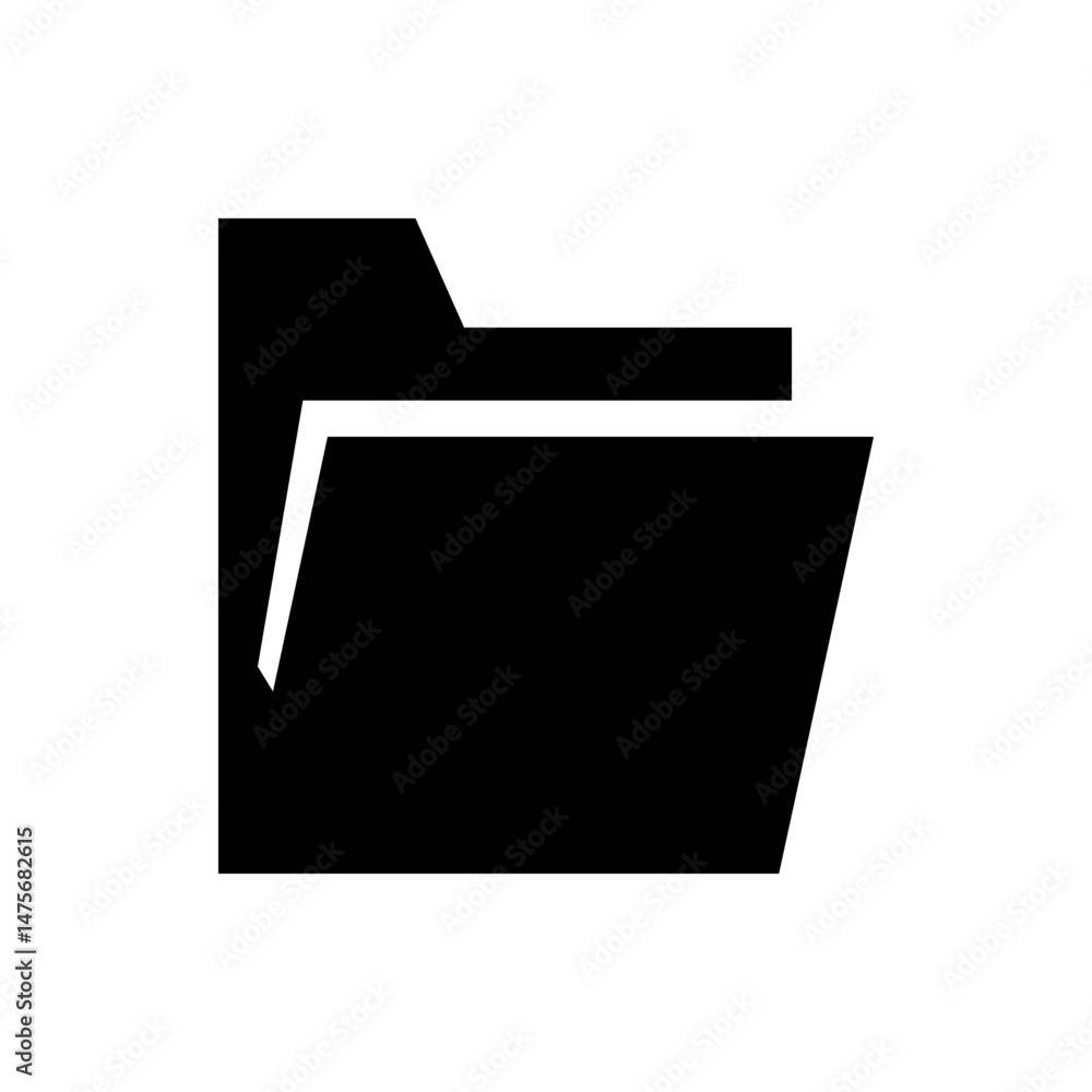 Poster illustration of a simple black and white folder icon with a minimalist design and sharp angled edges