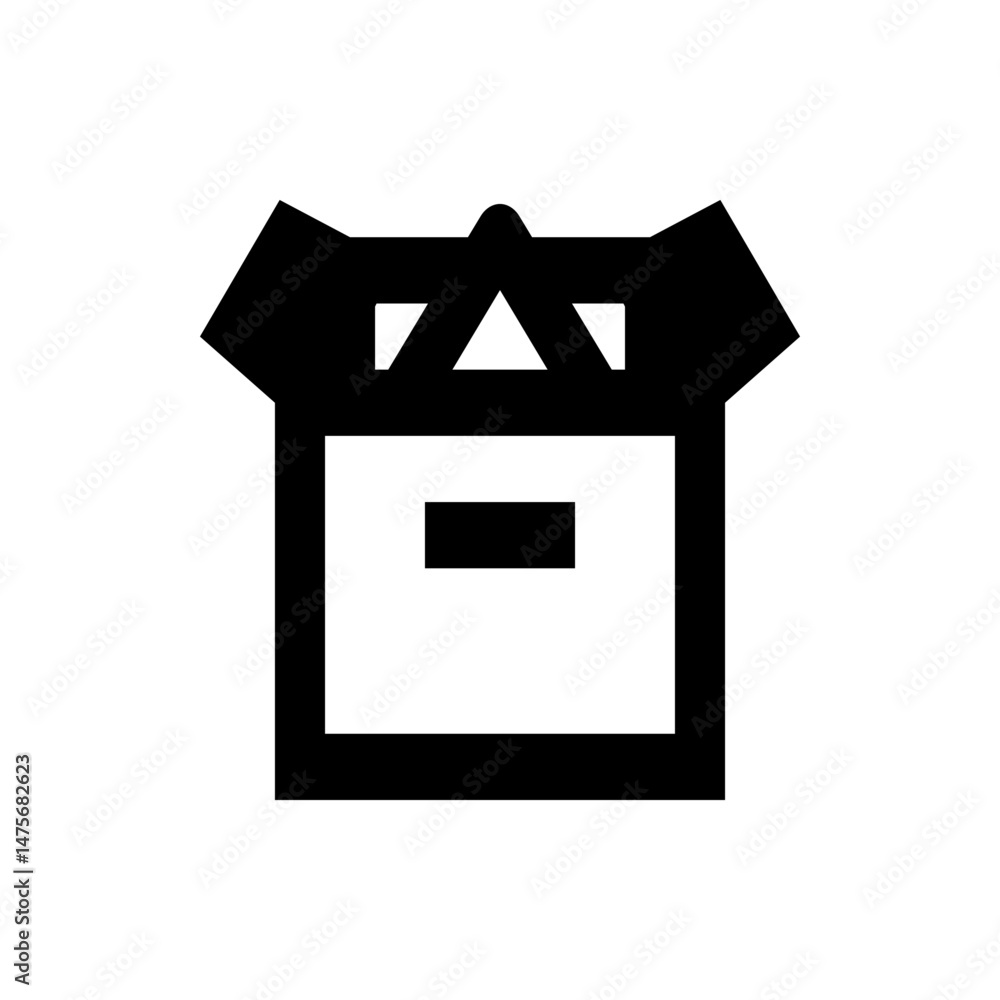 Poster stylized black and white icon of an open box with flaps and a triangular element on top center side